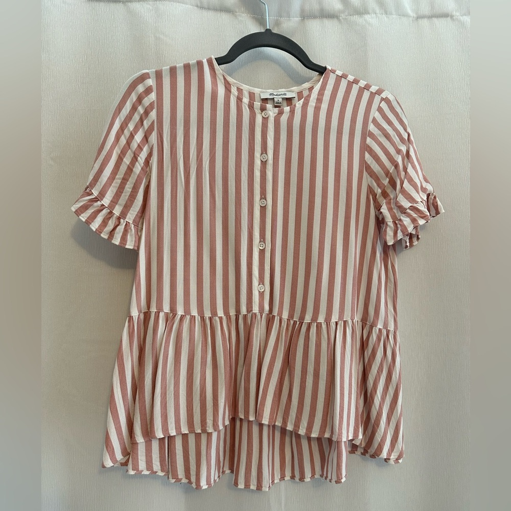 Striped Ruffle Sleeve Top - Pink and White